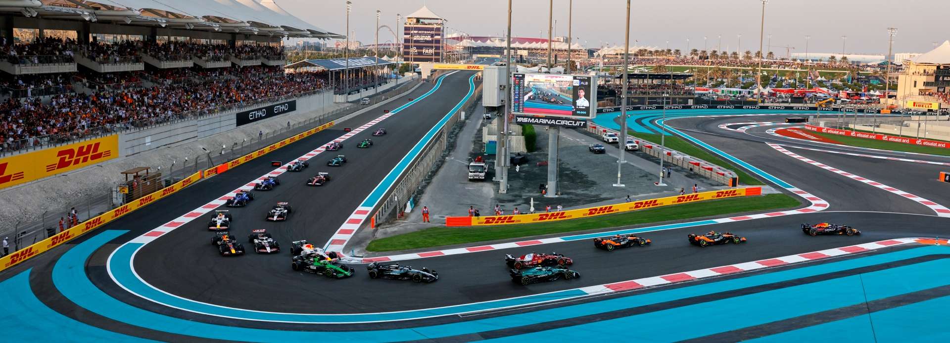 West Grandstand view of the longest straight at Yas Marina Circuit